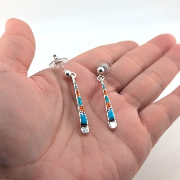 Handcrafted Navajo Sterling Silver Multi Stone Inlay Drop Earrings Jewelry ** - Picture 8 of 10